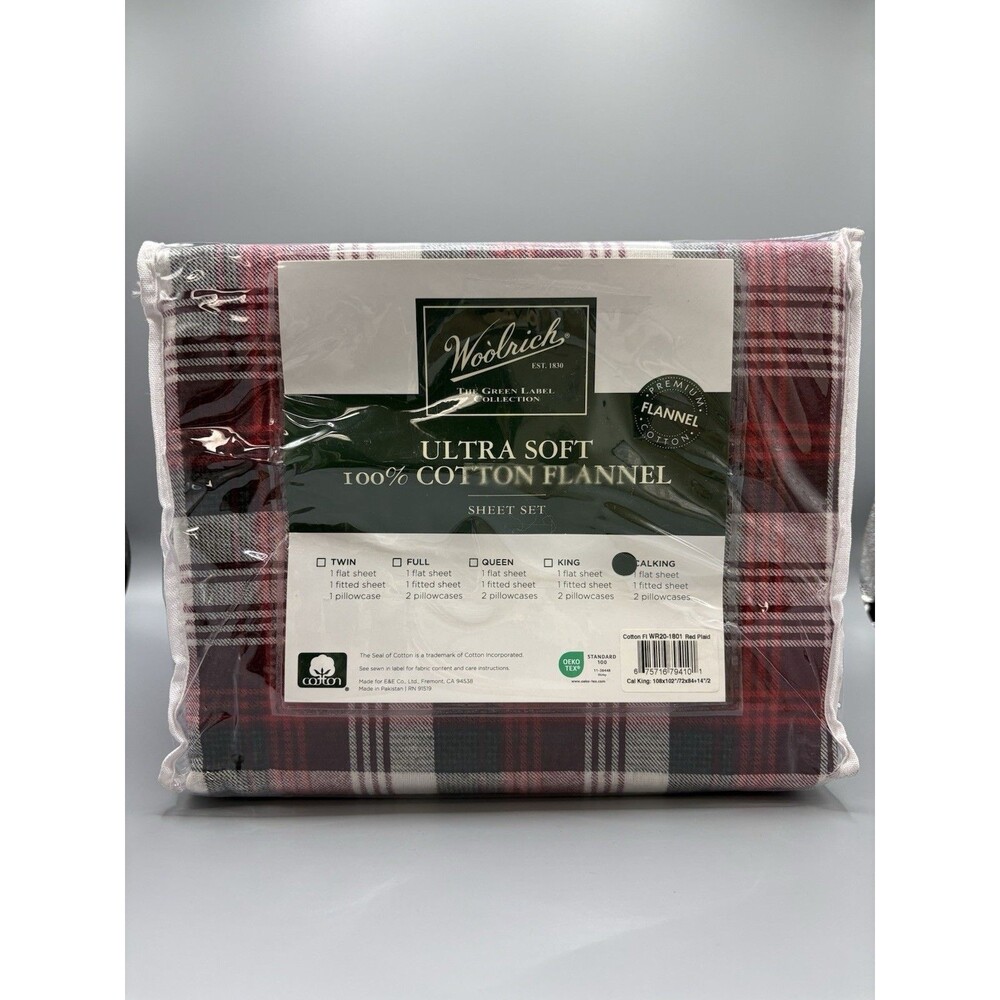 Woolrich Red Plaid Ultra Soft Cotton Flannel 4-Piece Sheet Set Cal-King